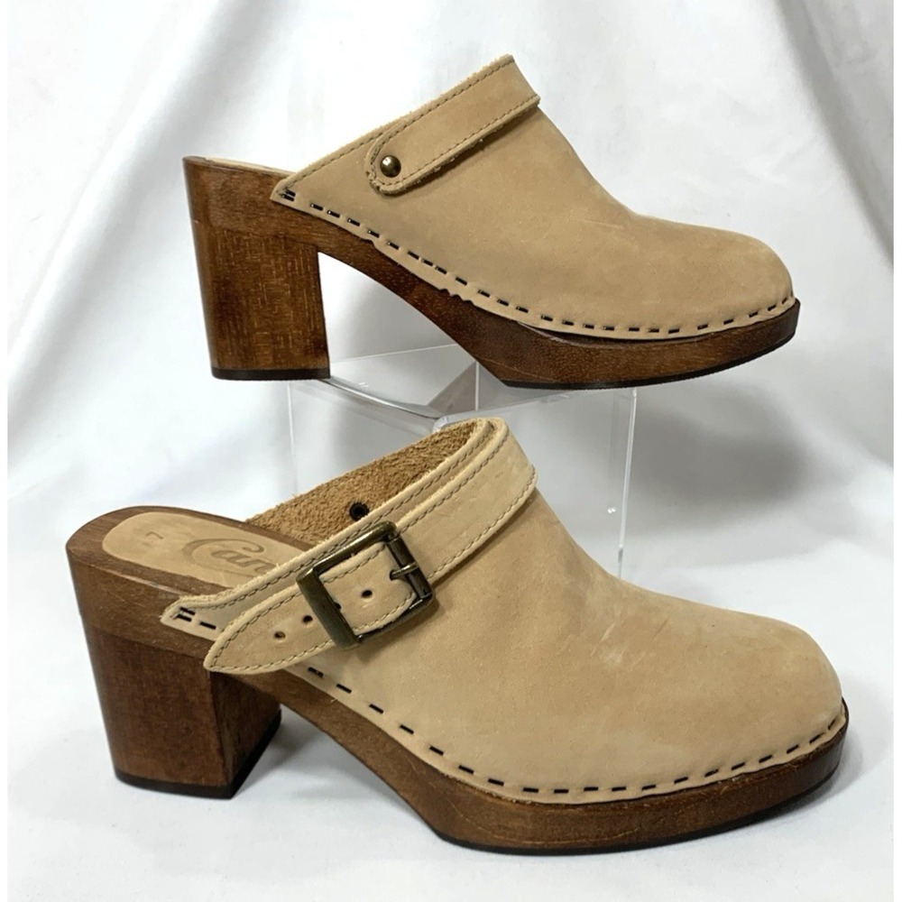 Candies Clog Mules Womens‎ 7 Tan Suede Wood 3.25" Heel Platform Boho Hippie